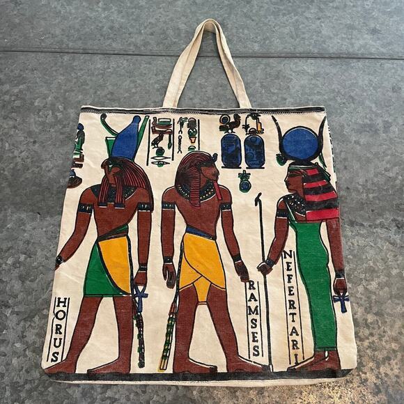 Vintage Egyptian Canvas Tote Bag Nefertari Ramses Horemheb Horus Hieroglyphics - Picture 1 of 14